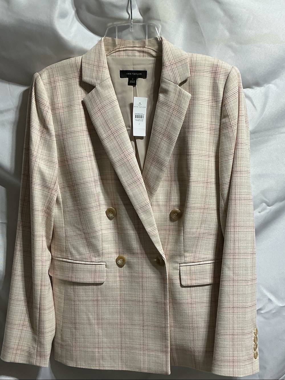 Ann Taylor SIZE 2 Cream Beige & Pink Plaid Double-Breasted Blazer Jacket NWT